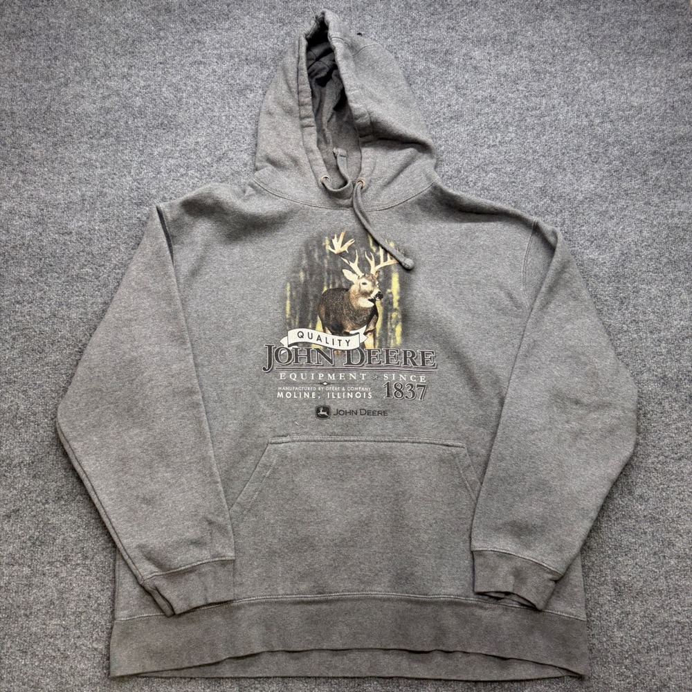 John Deere Mens Gray Graphic Hoodie Buck Deer Logo Pullover Sweatshirt 2XL